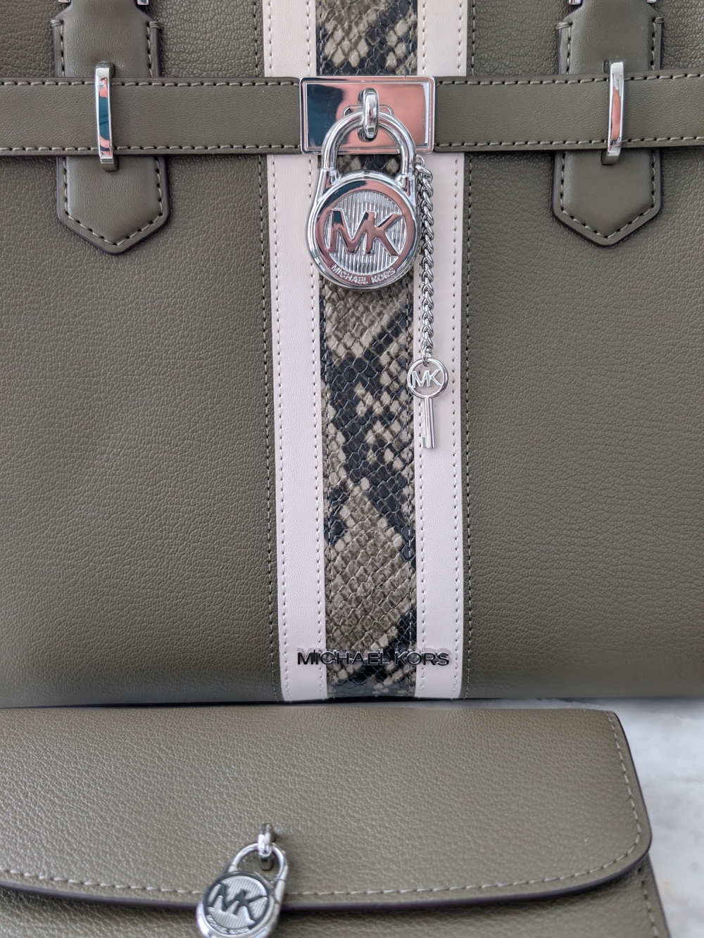 Michael‎ Kors Olive Snake-Trim Hamilton Tote Bag and Wallet